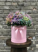 Композиция Яркие эмоции в Красной Поляне Кировской области Цветочная композиция из Гипсофила и Розы в шляпной коробке в Красной Поляне Кировской области