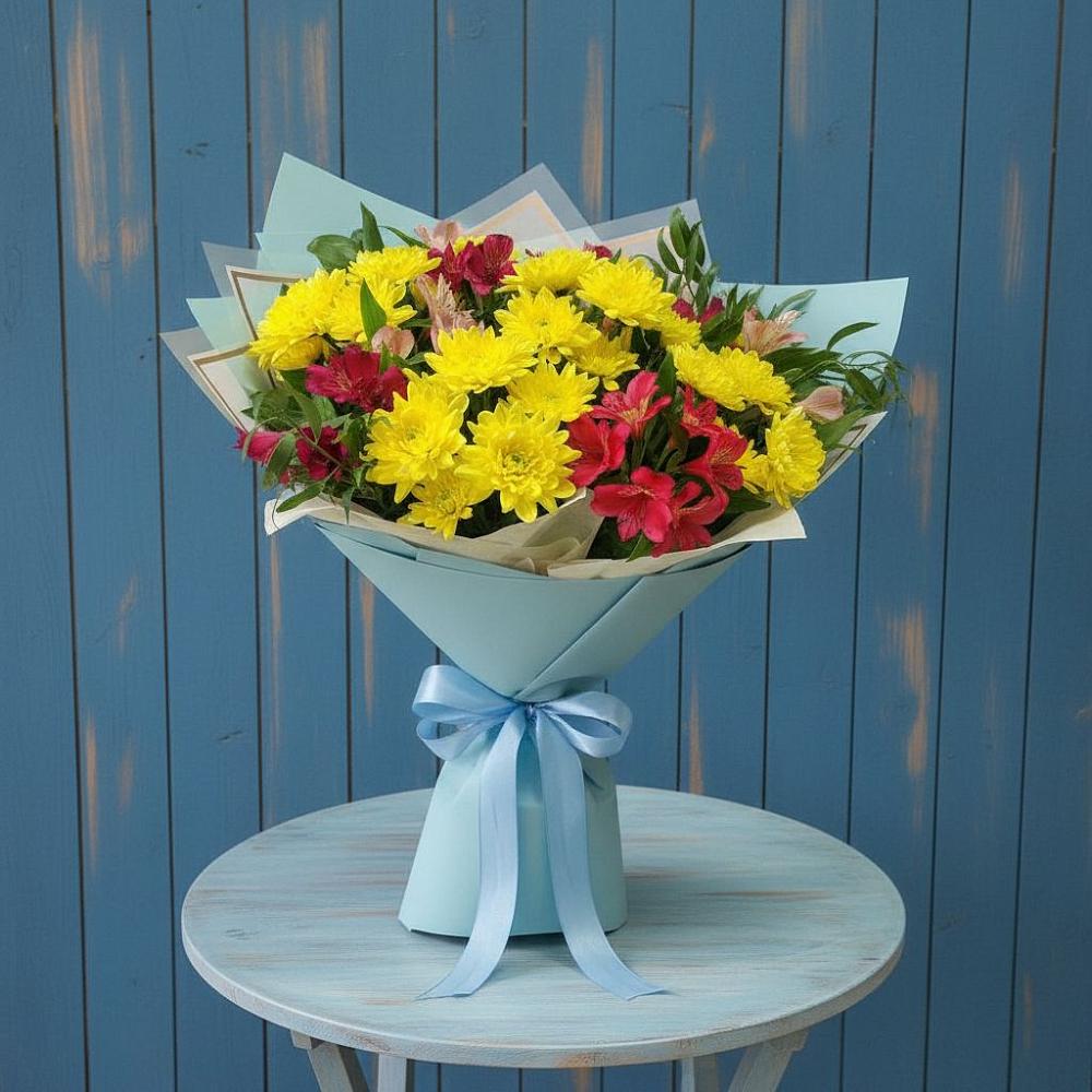 Букет сочные брызги в Красной Поляне Кировской области Букет цветов из: Альстромерии и Хризантемы в Красной Поляне Кировской области