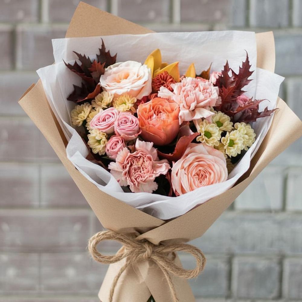 Букет осеннее настроение в Красной Поляне Кировской области Букет цветов из: Гвоздики, Хризантемы и Розы в Красной Поляне Кировской области