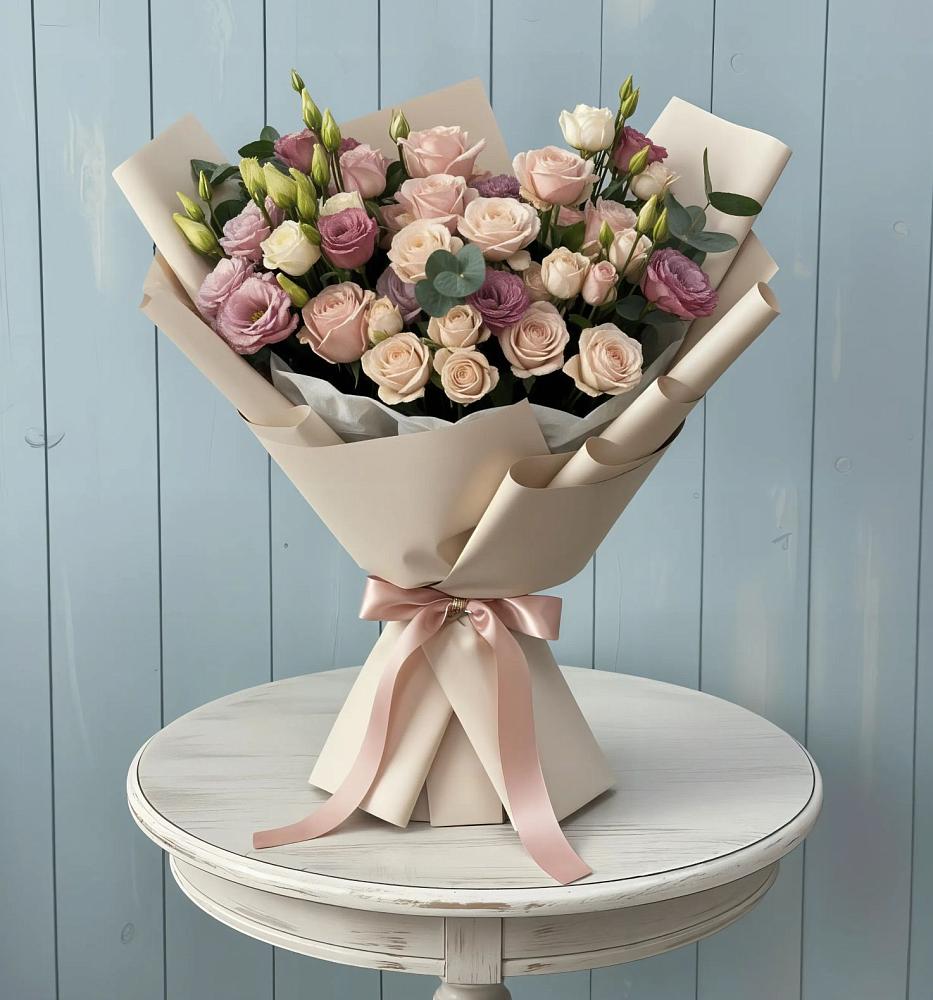 Букет бодрость в Красной Поляне Кировской области Букет цветов из: Розы и Лизиантусы в Красной Поляне Кировской области