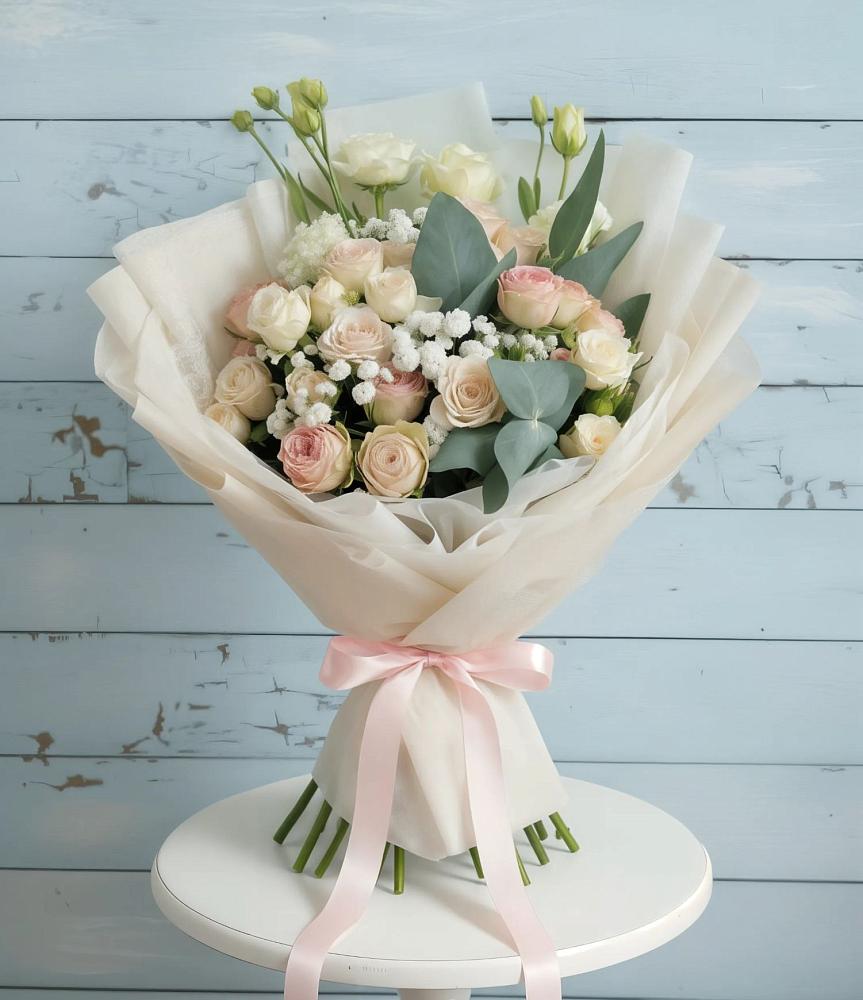 Букет Сказочное воображение в Красной Поляне Кировской области Букет цветов из: Розы и Лизиантусы в Красной Поляне Кировской области