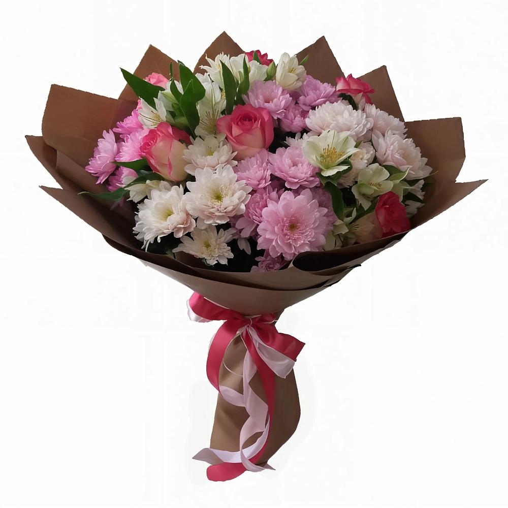 Букет Розовое очарование в Красной Поляне Кировской области Букет цветов из: Хризантемы, Альстромерии и Розы в Красной Поляне Кировской области